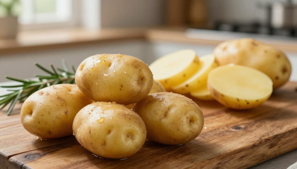 A close-up image of C-type potatoes on a rustic wooden table, showcasing their unique texture and distinctive shape. In the foreground, a small heap of unpeeled, earthy potatoes, some with minor blemishes, glistening with moisture. In the middle ground, a peeled potato cut into thick, uniform strips, emphasizing the preparation for oven-frying. The background features a blurred kitchen setting with natural light filtering through a window, creating a warm and inviting atmosphere. Soft shadows enhance the organic feel, highlighting the potatoes as the focal point. A fresh sprig of rosemary beside the potatoes adds a pop of color and freshness to the scene. The overall mood is cozy and homely, perfect for cooking enthusiasts. A close-up image of C-type potatoes on a rustic wooden table, showcasing their unique texture and distinctive shape. In the foreground, a small heap of unpeeled, earthy potatoes, some with minor blemishes, glistening with moisture. In the middle ground, a peeled potato cut into thick, uniform strips, emphasizing the preparation for oven-frying. The background features a blurred kitchen setting with natural light filtering through a window, creating a warm and inviting atmosphere. Soft shadows enhance the organic feel, highlighting the potatoes as the focal point. A fresh sprig of rosemary beside the potatoes adds a pop of color and freshness to the scene. The overall mood is cozy and homely, perfect for cooking enthusiasts.