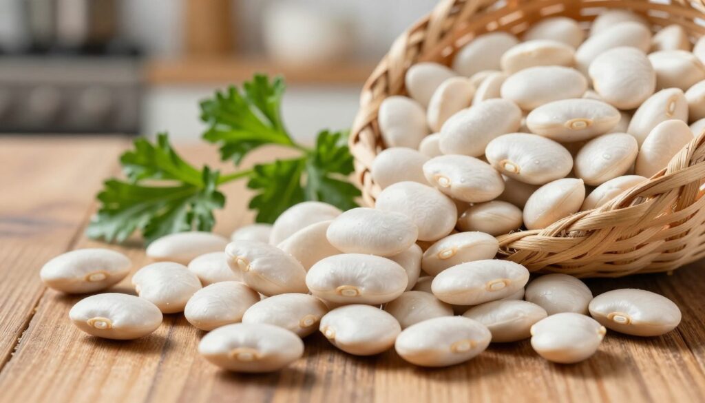 A close-up image of a vibrant white bean (fasola biała), showcasing its smooth, glossy surface, arranged artistically on a rustic wooden table. In the foreground, a handful of fresh, uncooked beans spills out of a woven basket, with some beans scattered playfully around. In the middle ground, a few green herbs like parsley are placed harmoniously to add a touch of color and freshness. The background features a soft, blurred kitchen setting with warm lighting that creates a cozy and inviting atmosphere. The image is captured at a slight angle using a macro lens to emphasize the texture of the beans, conveying the theme of healthy, plant-based nutrition as a valuable meat substitute in the diet. The mood is warm, wholesome, and appealing, perfect for promoting healthy eating. A close-up image of a vibrant white bean (fasola biała), showcasing its smooth, glossy surface, arranged artistically on a rustic wooden table. In the foreground, a handful of fresh, uncooked beans spills out of a woven basket, with some beans scattered playfully around. In the middle ground, a few green herbs like parsley are placed harmoniously to add a touch of color and freshness. The background features a soft, blurred kitchen setting with warm lighting that creates a cozy and inviting atmosphere. The image is captured at a slight angle using a macro lens to emphasize the texture of the beans, conveying the theme of healthy, plant-based nutrition as a valuable meat substitute in the diet. The mood is warm, wholesome, and appealing, perfect for promoting healthy eating.