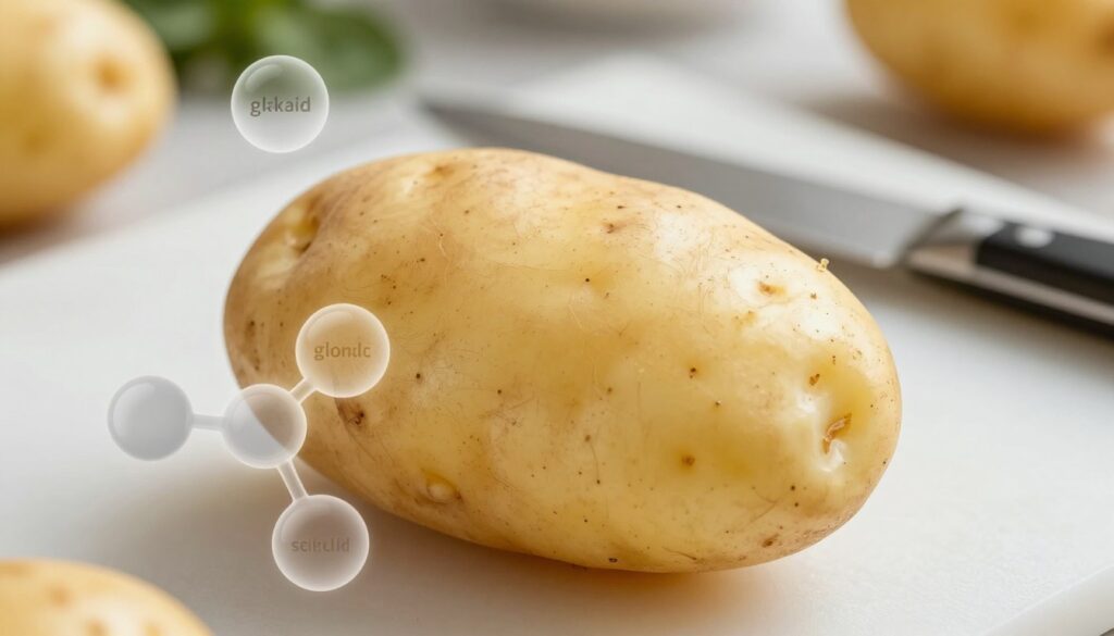 A close-up image of a well-structured potato, showcasing its surface texture and natural sheen, representing the concept of food safety. In the foreground, a few glikoalkaloid molecules are depicted in a soft, semi-transparent style, hovering around the potato. The middle ground features a clean, cutting board with a knife, evoking a kitchen environment. In the background, soft-focus kitchen elements hint at a culinary setting, with gentle, diffused lighting creating a warm and inviting atmosphere. The composition should convey an educational tone, emphasizing health and nutrition. Use a slight tilt angle to draw attention to the potato, rendered in vibrant, natural colors, ensuring a safe for work depiction. The overall mood should be informative and reassuring.