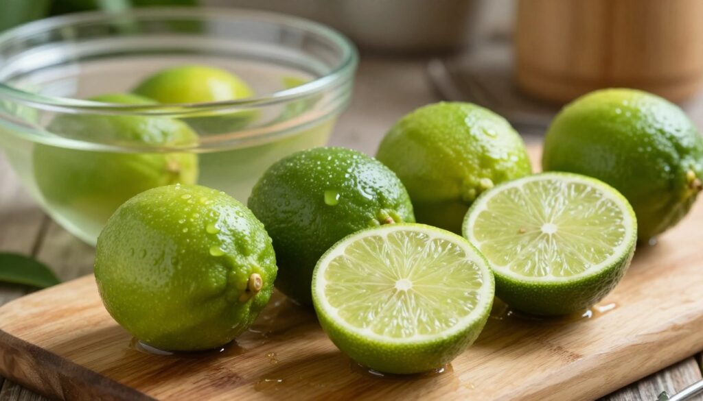 A close-up image of fresh, vibrant green limes, showcasing their texture and natural sheen as they are being prepared for a limoncello-style infusion. The foreground features a wooden cutting board with limes half-cut open to reveal their juicy interiors, droplets of moisture glistening in the light. In the middle, there should be a bowl filled with water, hinting at the cleaning process to remove any wax from the fruit. The background is softly blurred, with hints of rustic kitchen elements like herbs and kitchen utensils to evoke a cozy, inviting atmosphere. Warm, natural lighting illuminates the scene, highlighting the freshness and zestiness of the limes, while a subtle depth of field creates a sense of intimate engagement with the preparation process. A close-up image of fresh, vibrant green limes, showcasing their texture and natural sheen as they are being prepared for a limoncello-style infusion. The foreground features a wooden cutting board with limes half-cut open to reveal their juicy interiors, droplets of moisture glistening in the light. In the middle, there should be a bowl filled with water, hinting at the cleaning process to remove any wax from the fruit. The background is softly blurred, with hints of rustic kitchen elements like herbs and kitchen utensils to evoke a cozy, inviting atmosphere. Warm, natural lighting illuminates the scene, highlighting the freshness and zestiness of the limes, while a subtle depth of field creates a sense of intimate engagement with the preparation process.