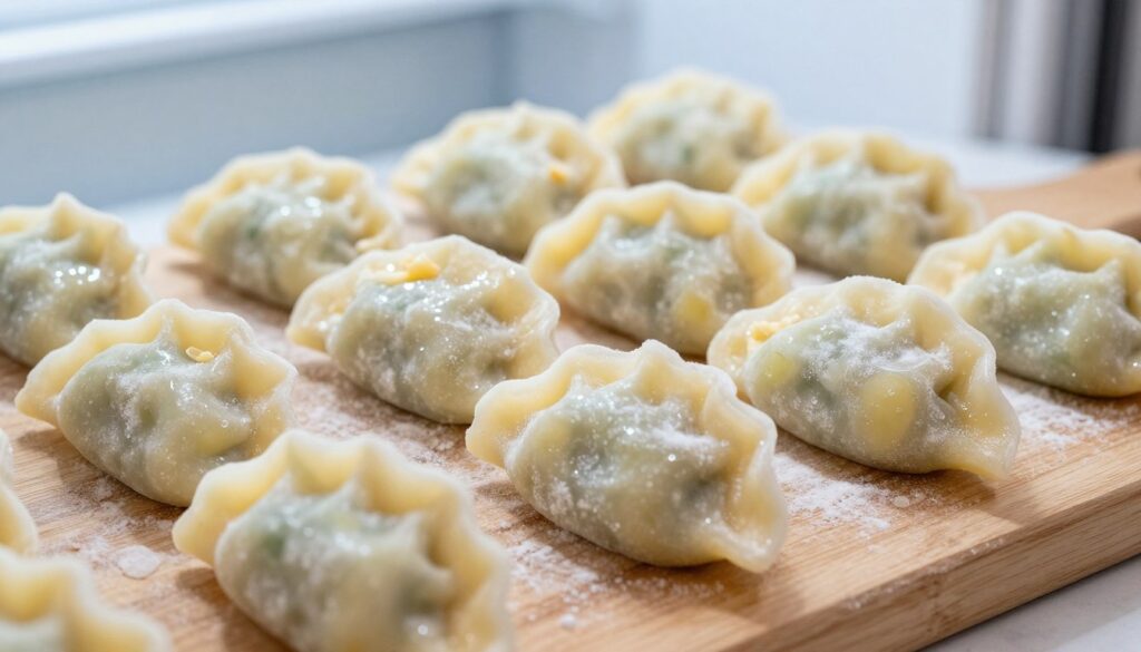 A close-up image of frozen pierogi arranged neatly on a wooden cutting board. The pierogi should have a delicate, translucent sheen, showcasing their traditional dumpling shape, filled with ingredients like potatoes and cheese. In the background, gently blurred, there’s a hint of a frosty freezer, subtly illuminated with soft, cool lighting to evoke a feeling of freshness. The scene should convey a sense of homely warmth and culinary expertise. The angle is slightly from above, capturing the texture of the dumplings while emphasizing their color and form. The overall mood should feel inviting and appetizing, encouraging viewers to appreciate the beauty of well-prepared frozen pierogi. A close-up image of frozen pierogi arranged neatly on a wooden cutting board. The pierogi should have a delicate, translucent sheen, showcasing their traditional dumpling shape, filled with ingredients like potatoes and cheese. In the background, gently blurred, there’s a hint of a frosty freezer, subtly illuminated with soft, cool lighting to evoke a feeling of freshness. The scene should convey a sense of homely warmth and culinary expertise. The angle is slightly from above, capturing the texture of the dumplings while emphasizing their color and form. The overall mood should feel inviting and appetizing, encouraging viewers to appreciate the beauty of well-prepared frozen pierogi.