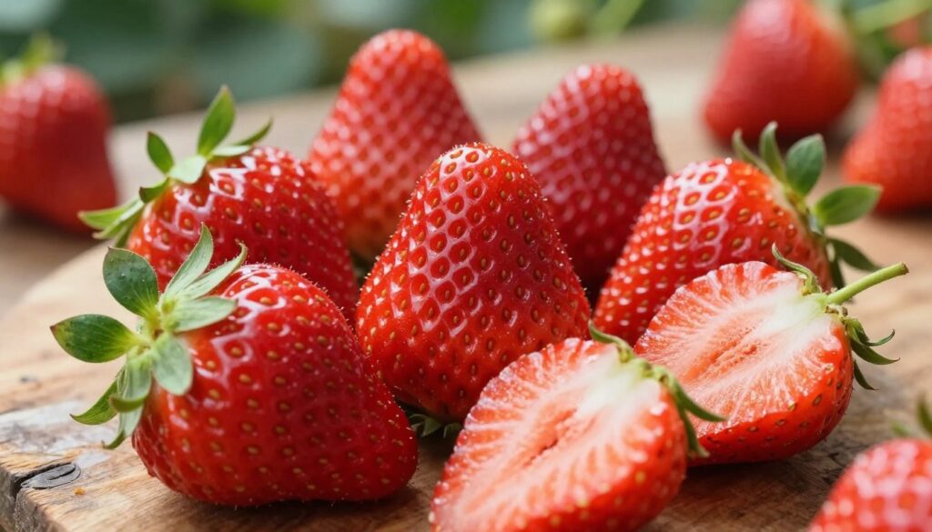A close-up image of high-quality Polish strawberries, showcasing their vibrant red color, shiny surface, and green leafy tops. Arrange the strawberries in a natural, enticing way, with some whole berries and a few cut to reveal their juicy, seed-speckled interiors. In the background, include soft-focus elements of a rustic wooden table and a faint glimpse of ripe strawberries growing in the field. Illuminate the scene with warm, natural lighting to highlight the strawberries' textures and freshness, creating an inviting atmosphere. The composition should be shot at a slightly elevated angle to emphasize the strawberries’ luscious details while keeping the focus entirely on the fruit, evoking a sense of indulgence and freshness. A close-up image of high-quality Polish strawberries, showcasing their vibrant red color, shiny surface, and green leafy tops. Arrange the strawberries in a natural, enticing way, with some whole berries and a few cut to reveal their juicy, seed-speckled interiors. In the background, include soft-focus elements of a rustic wooden table and a faint glimpse of ripe strawberries growing in the field. Illuminate the scene with warm, natural lighting to highlight the strawberries' textures and freshness, creating an inviting atmosphere. The composition should be shot at a slightly elevated angle to emphasize the strawberries’ luscious details while keeping the focus entirely on the fruit, evoking a sense of indulgence and freshness.