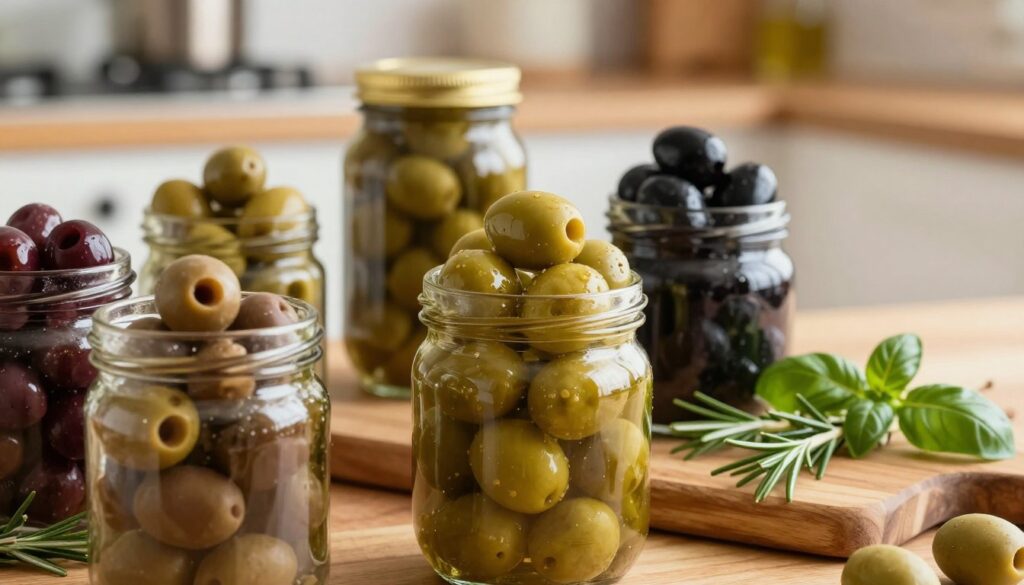 A close-up image showcasing a selection of various olives in jars, highlighting the rich colors and textures of each type. In the foreground, a few jars filled with green, black, and Kalamata olives are prominently displayed, reflecting light to emphasize their glossy surfaces. In the middle ground, a wooden cutting board is adorned with fresh herbs like rosemary and basil, complementing the olives. The background features a softly blurred Mediterranean kitchen setting with warm, inviting lighting, reminiscent of a rustic Italian home. The atmosphere is cozy and health-focused, evoking thoughts of a Mediterranean diet while conveying a sense of home cooking. The overall composition invites the viewer to explore the rich flavors and health benefits of choosing olives. A close-up image showcasing a selection of various olives in jars, highlighting the rich colors and textures of each type. In the foreground, a few jars filled with green, black, and Kalamata olives are prominently displayed, reflecting light to emphasize their glossy surfaces. In the middle ground, a wooden cutting board is adorned with fresh herbs like rosemary and basil, complementing the olives. The background features a softly blurred Mediterranean kitchen setting with warm, inviting lighting, reminiscent of a rustic Italian home. The atmosphere is cozy and health-focused, evoking thoughts of a Mediterranean diet while conveying a sense of home cooking. The overall composition invites the viewer to explore the rich flavors and health benefits of choosing olives.