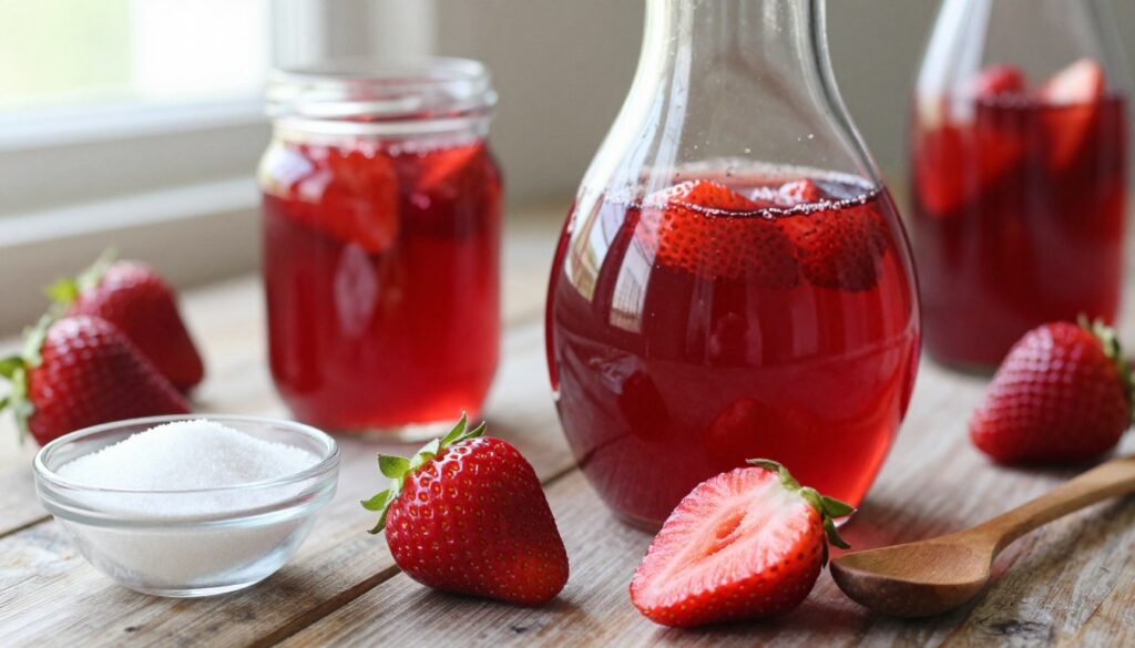A close-up of a beautifully arranged recipe setup for making strawberry nalewka, showcasing ripe, fresh strawberries and glass jars filled with a vibrant red liquid. In the foreground, a partially sliced strawberry is placed next to a small bowl of sugar, while a wooden spoon rests beside it. The middle section features a translucent glass decanter filled with the rich, deep red nalewka, reflecting the light beautifully. The background should be softly blurred, with a rustic wooden table and softly glowing natural light filtering through a window, creating a warm and inviting atmosphere. The overall mood is casual yet elegant, evoking the joy of summer flavors and the art of flavor infusion. A close-up of a beautifully arranged recipe setup for making strawberry nalewka, showcasing ripe, fresh strawberries and glass jars filled with a vibrant red liquid. In the foreground, a partially sliced strawberry is placed next to a small bowl of sugar, while a wooden spoon rests beside it. The middle section features a translucent glass decanter filled with the rich, deep red nalewka, reflecting the light beautifully. The background should be softly blurred, with a rustic wooden table and softly glowing natural light filtering through a window, creating a warm and inviting atmosphere. The overall mood is casual yet elegant, evoking the joy of summer flavors and the art of flavor infusion.