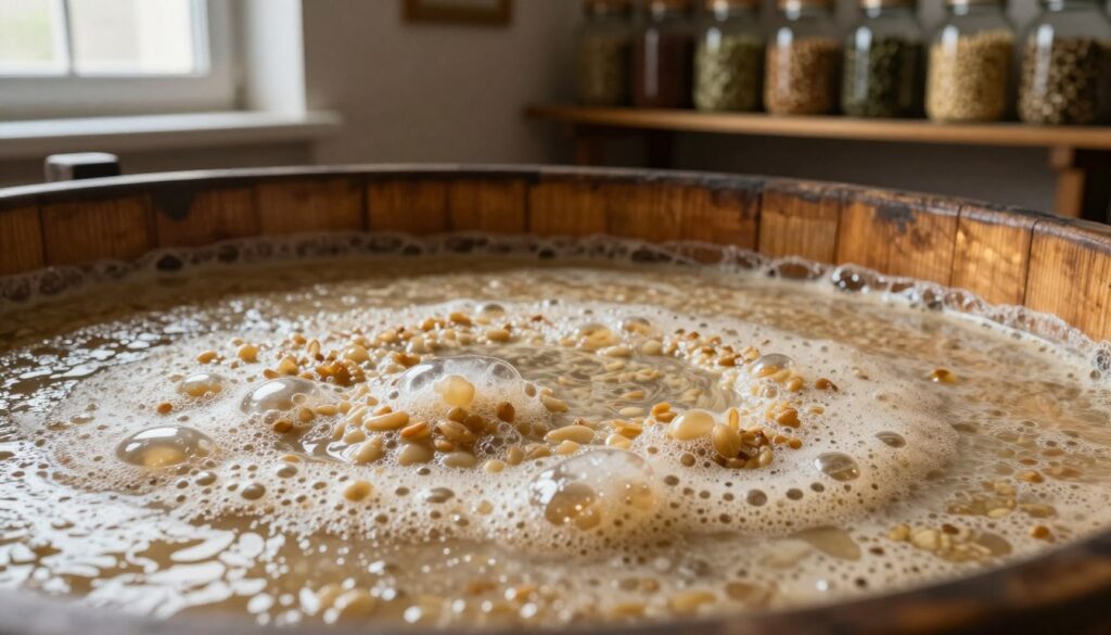A close-up of a bubbling fermentation mash, known as zacier bimber, showcasing the rich, creamy texture of grain and yeast mixture. In the foreground, the mash is filled with small bubbles and yeast foam, reflecting the active fermentation process. The middle ground features a wooden fermentation vessel, slightly aged, accentuating the artisanal aspect of distilling. A soft golden light streams in from a nearby window, casting warm highlights that create an inviting atmosphere. In the background, shelves are lined with glass jars filled with grains and herbs, suggesting the diverse ingredients used in the fermentation process. The mood is one of warmth and craftsmanship, capturing the essence of traditional distilling techniques. A close-up of a bubbling fermentation mash, known as zacier bimber, showcasing the rich, creamy texture of grain and yeast mixture. In the foreground, the mash is filled with small bubbles and yeast foam, reflecting the active fermentation process. The middle ground features a wooden fermentation vessel, slightly aged, accentuating the artisanal aspect of distilling. A soft golden light streams in from a nearby window, casting warm highlights that create an inviting atmosphere. In the background, shelves are lined with glass jars filled with grains and herbs, suggesting the diverse ingredients used in the fermentation process. The mood is one of warmth and craftsmanship, capturing the essence of traditional distilling techniques.