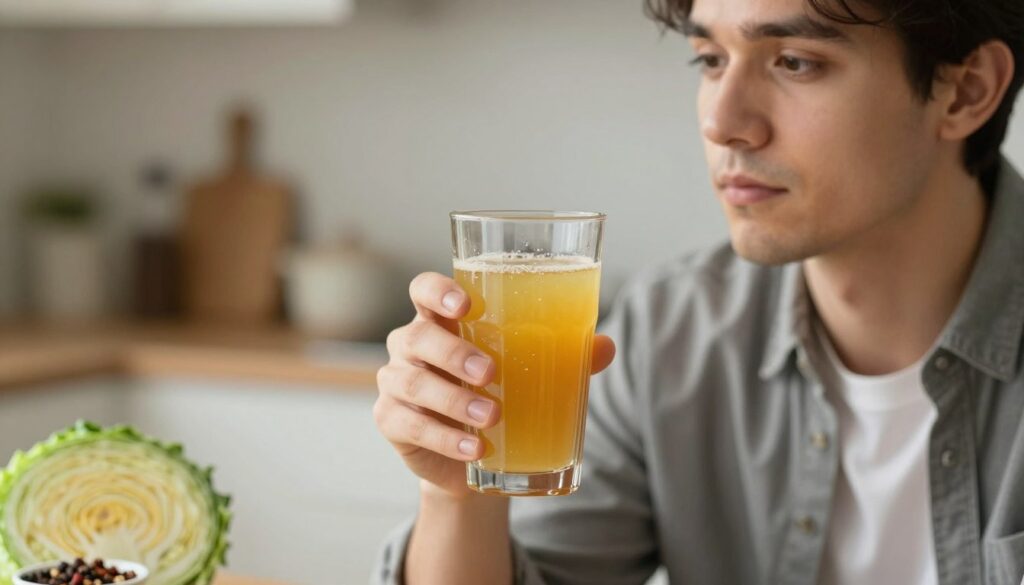 A close-up of a cautious individual in professional attire, delicately holding a glass of sauerkraut juice, with a look of contemplation on their face. The foreground showcases the juice glass shimmering under soft natural light, highlighting the vibrant color of the juice. In the middle ground, there are faint elements of fresh cabbage leaves and a small bowl of spices, subtly indicating the article's theme. The background features a softly blurred kitchen setting with warm, inviting colors, creating a cozy atmosphere that suggests home use. The overall mood is thoughtful and reflective, evoking a sense of mindfulness about consuming this unique beverage. The composition is shot from a slightly elevated angle, focusing on the careful handling of the glass, ensuring a clean and professional aesthetic. A close-up of a cautious individual in professional attire, delicately holding a glass of sauerkraut juice, with a look of contemplation on their face. The foreground showcases the juice glass shimmering under soft natural light, highlighting the vibrant color of the juice. In the middle ground, there are faint elements of fresh cabbage leaves and a small bowl of spices, subtly indicating the article's theme. The background features a softly blurred kitchen setting with warm, inviting colors, creating a cozy atmosphere that suggests home use. The overall mood is thoughtful and reflective, evoking a sense of mindfulness about consuming this unique beverage. The composition is shot from a slightly elevated angle, focusing on the careful handling of the glass, ensuring a clean and professional aesthetic.