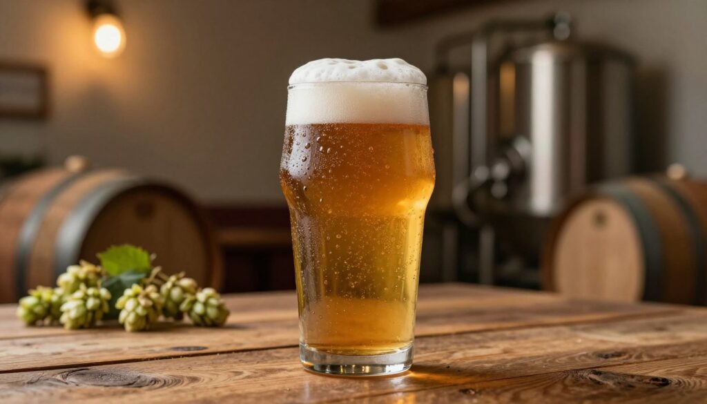 A close-up of a frosty glass of non-alcoholic beer, glistening with condensation, placed on a rustic wooden table. The background features a blurred brewery setting with barrels, hops, and brewing equipment softly lit by warm, inviting light. The amber liquid is topped with a creamy, foamy head, reflecting the quality and craftsmanship of brewing. The atmosphere is cozy and inviting, evoking a sense of warmth and comfort. The lighting should create a soft glow, highlighting the quality and refreshing nature of the beverage. Use a shallow depth of field to focus on the sparkling beverage while keeping the brewery details softly out of focus for an appealing, professional look. A close-up of a frosty glass of non-alcoholic beer, glistening with condensation, placed on a rustic wooden table. The background features a blurred brewery setting with barrels, hops, and brewing equipment softly lit by warm, inviting light. The amber liquid is topped with a creamy, foamy head, reflecting the quality and craftsmanship of brewing. The atmosphere is cozy and inviting, evoking a sense of warmth and comfort. The lighting should create a soft glow, highlighting the quality and refreshing nature of the beverage. Use a shallow depth of field to focus on the sparkling beverage while keeping the brewery details softly out of focus for an appealing, professional look.