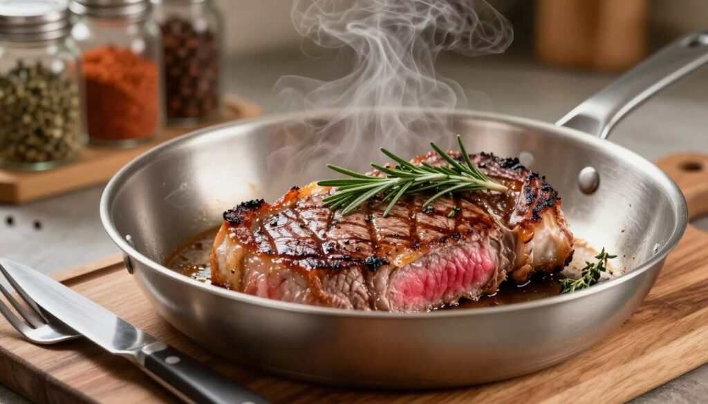 A close-up of a perfectly cooked ribeye steak sizzling in a stainless steel frying pan, golden-brown crust visible with juicy red and pink center, garnished with fresh herbs like rosemary and thyme. The foreground features the steak resting on a wooden cutting board, with a sleek knife and serving fork beside it. In the middle, the frying pan captures the steam and intense heat emanating from the cooking process, light reflecting off the metal. In the background, a softly lit kitchen setting with blurred shelves of spices and condiments, enhancing the warm and inviting atmosphere. The overall mood should evoke a sense of culinary mastery and delicious anticipation, shot at a slightly angled perspective to capture depth and detail. A close-up of a perfectly cooked ribeye steak sizzling in a stainless steel frying pan, golden-brown crust visible with juicy red and pink center, garnished with fresh herbs like rosemary and thyme. The foreground features the steak resting on a wooden cutting board, with a sleek knife and serving fork beside it. In the middle, the frying pan captures the steam and intense heat emanating from the cooking process, light reflecting off the metal. In the background, a softly lit kitchen setting with blurred shelves of spices and condiments, enhancing the warm and inviting atmosphere. The overall mood should evoke a sense of culinary mastery and delicious anticipation, shot at a slightly angled perspective to capture depth and detail.