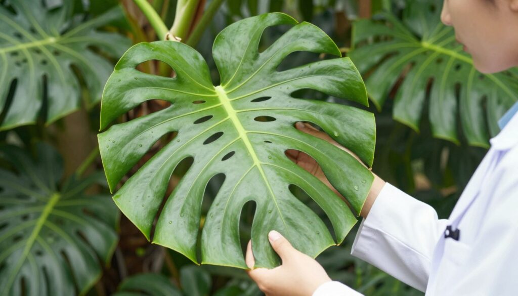 A close-up of a ripe monstera fruit, showcasing its vibrant green exterior with distinctive split leaves and a textured surface. Surround the fruit with a soft focus on fresh, healthy tropical foliage in the background, emphasizing a lush and exotic atmosphere. Bright, natural lighting illuminates the fruit, highlighting its glossy skin and details. In the foreground, a professional nutritionist in a white lab coat is gently examining the fruit, portraying care and expertise in food safety. The background is slightly blurred, creating depth, while the overall mood is informative and inviting, filled with a sense of curiosity about tropical fruits. The composition conveys safety and clarity in recognizing a mature monstera fruit ready for consumption. A close-up of a ripe monstera fruit, showcasing its vibrant green exterior with distinctive split leaves and a textured surface. Surround the fruit with a soft focus on fresh, healthy tropical foliage in the background, emphasizing a lush and exotic atmosphere. Bright, natural lighting illuminates the fruit, highlighting its glossy skin and details. In the foreground, a professional nutritionist in a white lab coat is gently examining the fruit, portraying care and expertise in food safety. The background is slightly blurred, creating depth, while the overall mood is informative and inviting, filled with a sense of curiosity about tropical fruits. The composition conveys safety and clarity in recognizing a mature monstera fruit ready for consumption.