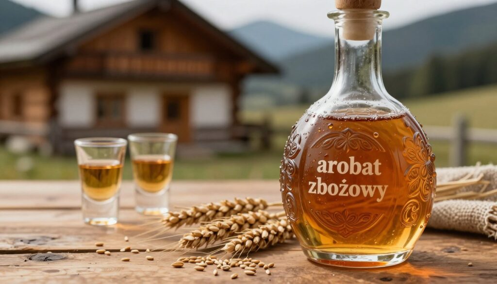 A close-up of a traditional Polish grain spirit, "aromat zbożowy," showcased in an elegant glass decanter, glistening under warm, soft lighting that highlights its golden amber hue. In the foreground, the decanter is adorned with intricate, traditional carvings, with subtle droplets of condensation forming on its surface. In the middle, a rustic wooden table holds a few small shot glasses, ready for tasting, alongside scattered grains of barley and wheat, emphasizing the natural ingredients. The background features a softly blurred scene of a cozy, timbered mountain lodge, creating a warm and inviting atmosphere. The overall mood conveys a sense of tradition and craftsmanship, enticing the viewer to appreciate the depth of flavor and sensory experience associated with this regional spirit. A close-up of a traditional Polish grain spirit, "aromat zbożowy," showcased in an elegant glass decanter, glistening under warm, soft lighting that highlights its golden amber hue. In the foreground, the decanter is adorned with intricate, traditional carvings, with subtle droplets of condensation forming on its surface. In the middle, a rustic wooden table holds a few small shot glasses, ready for tasting, alongside scattered grains of barley and wheat, emphasizing the natural ingredients. The background features a softly blurred scene of a cozy, timbered mountain lodge, creating a warm and inviting atmosphere. The overall mood conveys a sense of tradition and craftsmanship, enticing the viewer to appreciate the depth of flavor and sensory experience associated with this regional spirit.