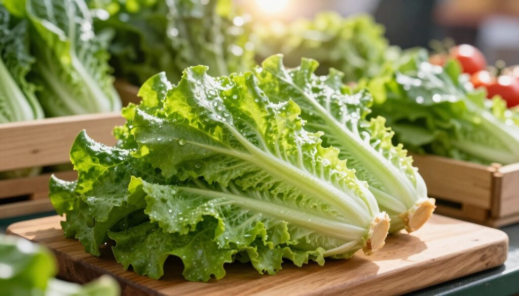 A close-up of fresh lamb's lettuce (roszponka) with vibrant green leaves, glistening with droplets of dew in a bright and airy market setting. The foreground features a handful of beautifully arranged, whole leaves on a wooden cutting board, showcasing their freshness and texture. In the middle, boxes of assorted leafy greens and vegetables create a lively atmosphere, hinting at a farmer's market backdrop. Sunlight pours in from an overhead source, casting a soft, warm glow and subtle shadows that enhance the lush hue of the leaves. The angle is slightly tilted to give depth, drawing the viewer’s eye toward the freshness of the lamb's lettuce while evoking a sense of health and vitality. The overall mood is inviting, clean, and wholesome, perfect for highlighting nutritious choices.