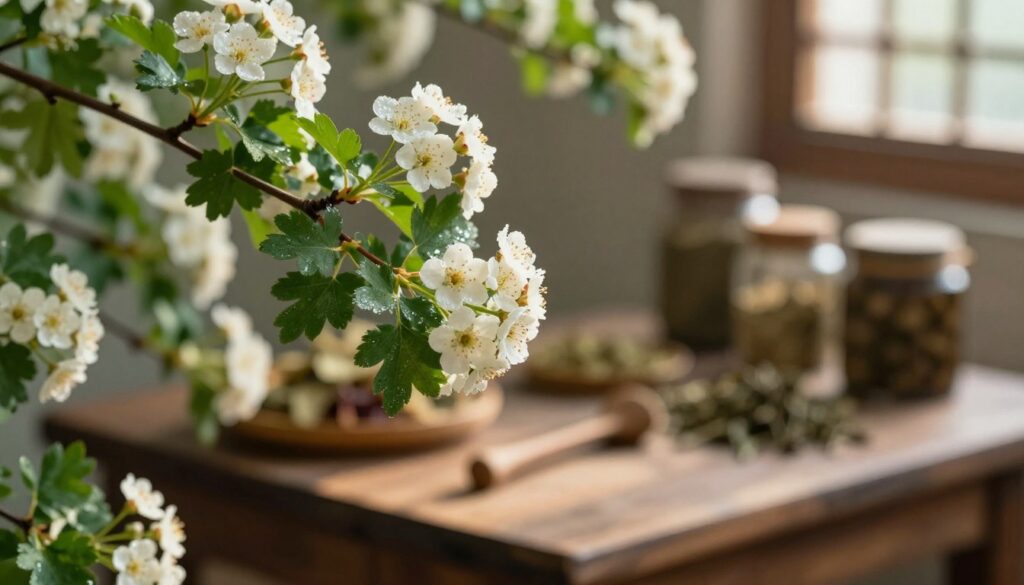 A close-up of hawthorn flowers, showcasing clusters of delicate white blossoms with subtle pink accents and rich green leaves. The foreground features several branches laden with flowers, dew droplets glistening in the soft morning light. In the middle background, out-of-focus hints of a rustic wooden table with traditional herbal preparation items, such as jars and dried herbs, create a cozy atmosphere. The soft, warm sunlight filters through, casting gentle shadows and creating an inviting mood. The scene is designed to evoke a sense of natural beauty and tranquility, perfect for showcasing the essence of hawthorn flowers in herbal remedies. No text or distractions in the image.