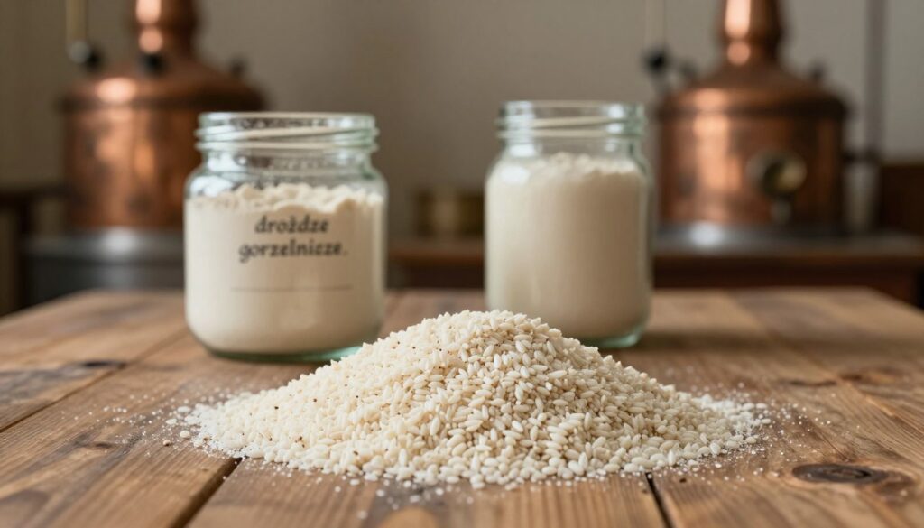 A close-up of high-quality distilling yeast, known as "drożdże gorzelnicze," displayed on a rustic wooden table. In the foreground, the yeast appears in small, scattered grains, glistening subtly under soft, natural light. In the middle, there are vintage glass jars showing the yeast being prepared for fermentation. The background features a blurred image of a traditional distillation setup with copper stills and barrels, evoking a sense of craftsmanship and history. The scene should have warm, earthy tones, creating a cozy and inviting atmosphere that conveys the essence of traditional grain distillation. Use a shallow depth of field to focus on the yeast while subtly hinting at the distillation process behind it. A close-up of high-quality distilling yeast, known as "drożdże gorzelnicze," displayed on a rustic wooden table. In the foreground, the yeast appears in small, scattered grains, glistening subtly under soft, natural light. In the middle, there are vintage glass jars showing the yeast being prepared for fermentation. The background features a blurred image of a traditional distillation setup with copper stills and barrels, evoking a sense of craftsmanship and history. The scene should have warm, earthy tones, creating a cozy and inviting atmosphere that conveys the essence of traditional grain distillation. Use a shallow depth of field to focus on the yeast while subtly hinting at the distillation process behind it.