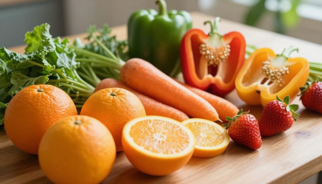 A close-up of various fruits and vegetables displayed artistically on a wooden table, symbolizing the absence of collagen in plant-based foods. In the foreground, focus on bright, colorful produce like oranges, strawberries, and leafy greens, showcasing their textures and freshness. In the middle, a few sliced vegetables like carrots and bell peppers reveal vibrant colors and healthy seeds. In the background, softly blurred greenery hints at a natural setting, enhancing the connection to plant life. The scene is illuminated by soft, warm natural light, evoking a sense of freshness and vitality, with a bright and inviting atmosphere. The camera angle is slightly above eye level, creating an engaging perspective that highlights the beauty and diversity of plant foods. A close-up of various fruits and vegetables displayed artistically on a wooden table, symbolizing the absence of collagen in plant-based foods. In the foreground, focus on bright, colorful produce like oranges, strawberries, and leafy greens, showcasing their textures and freshness. In the middle, a few sliced vegetables like carrots and bell peppers reveal vibrant colors and healthy seeds. In the background, softly blurred greenery hints at a natural setting, enhancing the connection to plant life. The scene is illuminated by soft, warm natural light, evoking a sense of freshness and vitality, with a bright and inviting atmosphere. The camera angle is slightly above eye level, creating an engaging perspective that highlights the beauty and diversity of plant foods.
