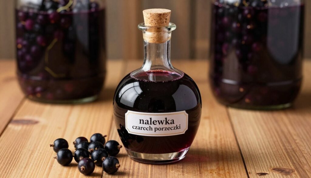 A close-up scene of a rich, dark blackcurrant liqueur, "nalewka czarnej porzeczki," in a beautifully crafted glass bottle, placed on a wooden table. The bottle exhibits elegant curves, with a cork stopper partially removed, hinting at the liqueur's rich flavor. Around the bottle, fresh blackcurrants spill onto the table, their deep purples contrasting with the warm wood. In the background, softly blurred, a process of maceration can be seen — large jars filled with blackcurrants soaking in spirits, casting delicate shadows. The lighting is warm and inviting, creating a cozy atmosphere, reminiscent of a home distillery. The image captures a moment of natural beauty, showcasing the process of making this intense, flavorful drink, evoking craftsmanship and tradition. A close-up scene of a rich, dark blackcurrant liqueur, "nalewka czarnej porzeczki," in a beautifully crafted glass bottle, placed on a wooden table. The bottle exhibits elegant curves, with a cork stopper partially removed, hinting at the liqueur's rich flavor. Around the bottle, fresh blackcurrants spill onto the table, their deep purples contrasting with the warm wood. In the background, softly blurred, a process of maceration can be seen — large jars filled with blackcurrants soaking in spirits, casting delicate shadows. The lighting is warm and inviting, creating a cozy atmosphere, reminiscent of a home distillery. The image captures a moment of natural beauty, showcasing the process of making this intense, flavorful drink, evoking craftsmanship and tradition.