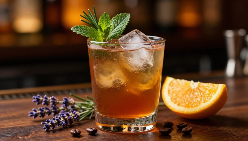 A close-up shot of a Jägermeister drink served in an elegant glass, garnished with fresh herbs like mint and rosemary. The drink is a rich amber color with ice cubes reflecting light, creating a shimmering effect. Surrounding the glass, there are various complementary ingredients: a slice of orange, a few coffee beans, and a sprig of lavender, arranged artfully. In the background, a softly lit bar setting is visible, with dimmed warm lighting casting a cozy atmosphere. The focus is on the drink, captured with a shallow depth of field to create a bokeh effect, emphasizing the vibrant colors and textures. The overall mood is inviting and sophisticated, perfect for a casual gathering or an upscale cocktail event. A close-up shot of a Jägermeister drink served in an elegant glass, garnished with fresh herbs like mint and rosemary. The drink is a rich amber color with ice cubes reflecting light, creating a shimmering effect. Surrounding the glass, there are various complementary ingredients: a slice of orange, a few coffee beans, and a sprig of lavender, arranged artfully. In the background, a softly lit bar setting is visible, with dimmed warm lighting casting a cozy atmosphere. The focus is on the drink, captured with a shallow depth of field to create a bokeh effect, emphasizing the vibrant colors and textures. The overall mood is inviting and sophisticated, perfect for a casual gathering or an upscale cocktail event.