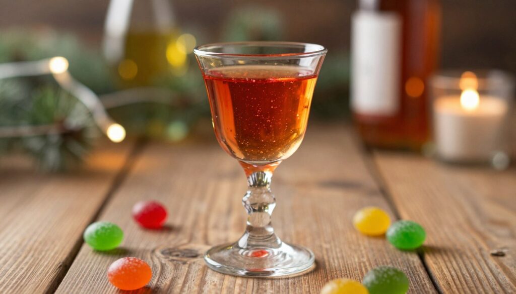 A close-up shot of a beautifully arranged glass of "kukułek" liqueur, showcasing its vibrant, candy-like colors, shimmering under soft, warm lighting. The glass is delicately placed on a rustic wooden table, surrounded by colorful candies that reflect the sweet essence of the drink. In the background, blurred festive decorations, such as string lights and seasonal foliage, create a cheerful and inviting atmosphere, hinting at a lively home party. The image captures a sense of celebration and joy, perfect for highlighting the spirited nature of social gatherings. Use a shallow depth of field to focus on the glass while the background remains softly blurred, creating an intimate, warm mood. A close-up shot of a beautifully arranged glass of "kukułek" liqueur, showcasing its vibrant, candy-like colors, shimmering under soft, warm lighting. The glass is delicately placed on a rustic wooden table, surrounded by colorful candies that reflect the sweet essence of the drink. In the background, blurred festive decorations, such as string lights and seasonal foliage, create a cheerful and inviting atmosphere, hinting at a lively home party. The image captures a sense of celebration and joy, perfect for highlighting the spirited nature of social gatherings. Use a shallow depth of field to focus on the glass while the background remains softly blurred, creating an intimate, warm mood.