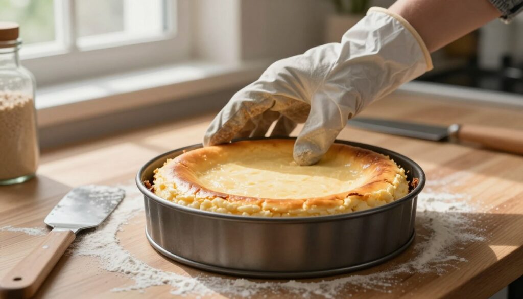 A close-up shot of a hand gently jiggling a perfectly baked cheesecake in a round springform pan to check for doneness. The hand, wearing a modest kitchen glove, shows careful attention to detail. The cheesecake has a golden-brown top with a creamy, slightly cracked surface, set on a wooden kitchen table sprinkled with flour and a spatula nearby. In the background, soft natural light filters through a window, casting warm shadows and creating a cozy baking atmosphere. The kitchen is inviting, with baking tools and ingredients subtly arranged. The focus is sharp on the cheesecake and the hand, while the background is softly blurred to emphasize the readiness of the dessert without distractions.