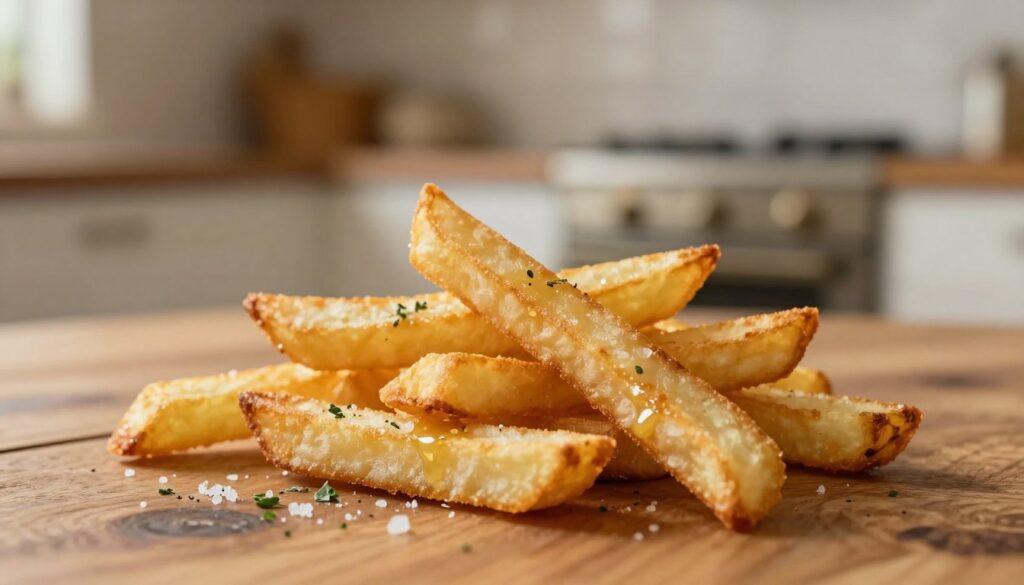 A close-up shot of golden, crispy oven-baked fries, artfully arranged on a rustic wooden table. The fries are perfectly crisp, showcasing their deep golden color, with slight glistening from a light coating of oil. In the background, an elegantly lit kitchen with soft, warm lighting enhances the cozy atmosphere, featuring a vintage oven glowing faintly. The foreground focuses on the fries with a shallow depth of field, creating a dreamy blur of the kitchen elements behind. Light gently hits the fries, highlighting their texture and crunchiness. A sprinkle of sea salt and fresh herbs adds a touch of color and life to the dish, inviting viewers to enjoy this healthier alternative to deep-fried favorites. A close-up shot of golden, crispy oven-baked fries, artfully arranged on a rustic wooden table. The fries are perfectly crisp, showcasing their deep golden color, with slight glistening from a light coating of oil. In the background, an elegantly lit kitchen with soft, warm lighting enhances the cozy atmosphere, featuring a vintage oven glowing faintly. The foreground focuses on the fries with a shallow depth of field, creating a dreamy blur of the kitchen elements behind. Light gently hits the fries, highlighting their texture and crunchiness. A sprinkle of sea salt and fresh herbs adds a touch of color and life to the dish, inviting viewers to enjoy this healthier alternative to deep-fried favorites.