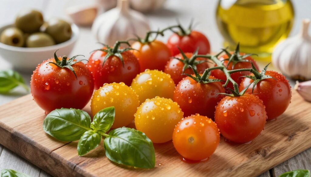 A close-up shot of vibrant cherry tomatoes, known as "pomidorki koktajlowe," arranged artistically on a rustic wooden cutting board. The tomatoes are glistening with droplets of water, showcasing their freshness and variety—some are red, others are yellow and orange. In the foreground, a sprinkle of fresh basil leaves adds a touch of green. The background features soft-focus Mediterranean ingredients, such as olives, garlic cloves, and a bottle of olive oil, evoking a warm and inviting atmosphere. Natural lighting cascades from the left, casting gentle shadows and highlighting the textures of the tomatoes and board. The composition is inviting and vibrant, perfect for emphasizing a Mediterranean culinary theme.