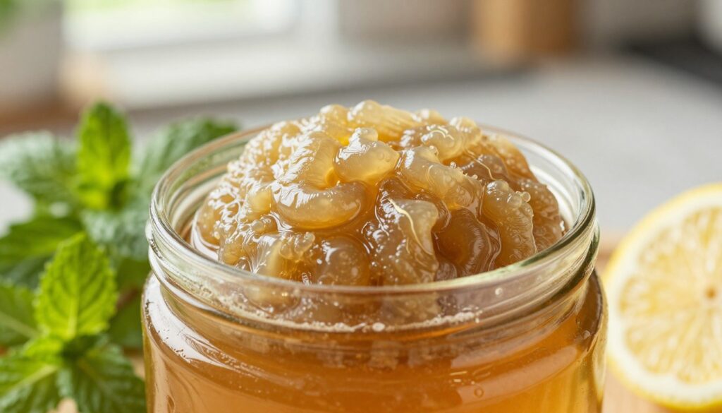 A close-up view of a Kombucha mother, known as "grzybek herbaciany," resting on the surface of a glass jar filled with amber-colored fermented tea. The mother exhibits a textured, gelatinous, and slightly translucent appearance, with soft edges and a gentle sheen reflecting the light. Surrounding the jar, there are fresh herbs like mint and basil, and slices of lemon to suggest its flavors. The background features a softly blurred kitchen setting with natural light streaming in, creating a warm and inviting atmosphere. Use a shallow depth of field to focus on the Kombucha mother while softly blurring the background, evoking a calm and health-focused mood suitable for an article on its properties and health benefits. A close-up view of a Kombucha mother, known as "grzybek herbaciany," resting on the surface of a glass jar filled with amber-colored fermented tea. The mother exhibits a textured, gelatinous, and slightly translucent appearance, with soft edges and a gentle sheen reflecting the light. Surrounding the jar, there are fresh herbs like mint and basil, and slices of lemon to suggest its flavors. The background features a softly blurred kitchen setting with natural light streaming in, creating a warm and inviting atmosphere. Use a shallow depth of field to focus on the Kombucha mother while softly blurring the background, evoking a calm and health-focused mood suitable for an article on its properties and health benefits.