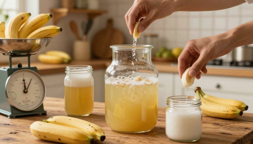 A close-up view of a banana fermentation setup with ripe bananas, sugar, and yeast prominently arranged in jars on a rustic wooden table. The foreground features hands carefully measuring ingredients with a vintage scale. In the middle, a bubbling glass fermenter filled with yellowish liquid, releasing tiny bubbles, reflects the natural sweetness of the bananas. The background shows a soft focus of an inviting kitchen with warm, ambient lighting, highlighting wooden shelves stocked with kitchen tools and additional fruits. The atmosphere is cozy and inviting, suggesting a sweet, aromatic process of homemade banana brew. A close-up view of a banana fermentation setup with ripe bananas, sugar, and yeast prominently arranged in jars on a rustic wooden table. The foreground features hands carefully measuring ingredients with a vintage scale. In the middle, a bubbling glass fermenter filled with yellowish liquid, releasing tiny bubbles, reflects the natural sweetness of the bananas. The background shows a soft focus of an inviting kitchen with warm, ambient lighting, highlighting wooden shelves stocked with kitchen tools and additional fruits. The atmosphere is cozy and inviting, suggesting a sweet, aromatic process of homemade banana brew.