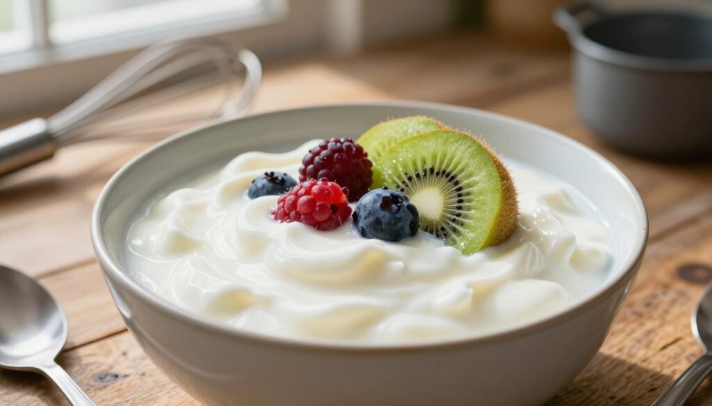 A close-up view of a bowl filled with skyr, showcasing its thick, creamy texture. The skyr should appear smooth and glossy, with a dollop of fresh fruit, such as berries or sliced kiwi, on top for added color and contrast. Surrounding the bowl, a rustic wooden table adds warmth, while soft natural light filters in from a nearby window, casting gentle shadows. In the background, blurred kitchen elements like a whisk and a small pot convey a homely kitchen atmosphere. Emphasize the richness of the skyr, reflecting its difference from traditional yogurt, evoking a sense of wholesome, healthy living. The overall mood should be inviting and fresh, perfect for a delightful culinary experience. A close-up view of a bowl filled with skyr, showcasing its thick, creamy texture. The skyr should appear smooth and glossy, with a dollop of fresh fruit, such as berries or sliced kiwi, on top for added color and contrast. Surrounding the bowl, a rustic wooden table adds warmth, while soft natural light filters in from a nearby window, casting gentle shadows. In the background, blurred kitchen elements like a whisk and a small pot convey a homely kitchen atmosphere. Emphasize the richness of the skyr, reflecting its difference from traditional yogurt, evoking a sense of wholesome, healthy living. The overall mood should be inviting and fresh, perfect for a delightful culinary experience.