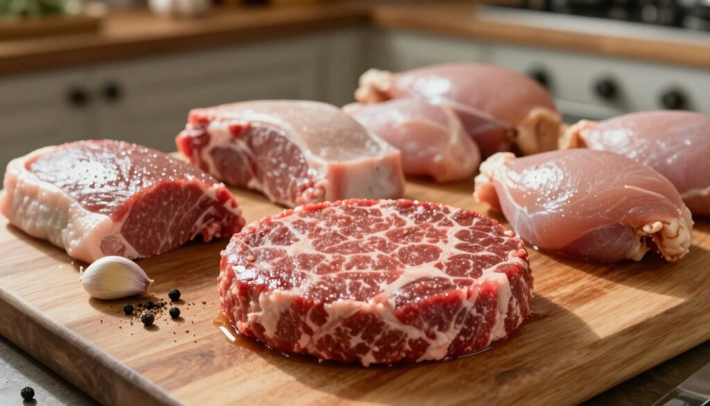 A close-up view of a butcher's block, featuring a selection of various raw meats suitable for making hamburgers. In the foreground, a finely marbled beef patty sits prominently, surrounded by cuts of pork and chicken, all impeccably arranged. Glimmering droplets of moisture can be seen on the meat, suggesting freshness. In the middle ground, a selection of herbs and spices, like garlic cloves and cracked black pepper, hint at preparation. Soft, natural lighting casts gentle shadows, enhancing the textures of the meat, creating a warm and inviting atmosphere. The background shows an old rustic kitchen with blurred wooden shelves, giving a homely appeal. The overall mood is appetizing and enticing, perfect for a culinary focus. A close-up view of a butcher's block, featuring a selection of various raw meats suitable for making hamburgers. In the foreground, a finely marbled beef patty sits prominently, surrounded by cuts of pork and chicken, all impeccably arranged. Glimmering droplets of moisture can be seen on the meat, suggesting freshness. In the middle ground, a selection of herbs and spices, like garlic cloves and cracked black pepper, hint at preparation. Soft, natural lighting casts gentle shadows, enhancing the textures of the meat, creating a warm and inviting atmosphere. The background shows an old rustic kitchen with blurred wooden shelves, giving a homely appeal. The overall mood is appetizing and enticing, perfect for a culinary focus.
