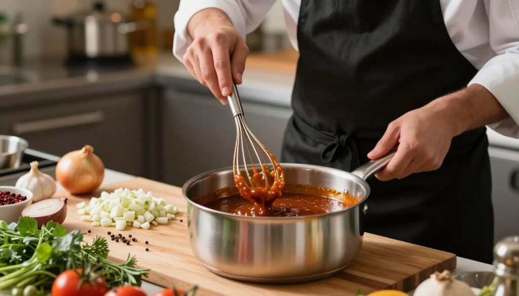 A close-up view of a chef in a modern kitchen, skillfully thickening a rich and glossy sauce in a polished stainless-steel saucepan. The chef, wearing a white chef's coat and a black apron, is carefully whisking the sauce with a delicate motion. In the foreground, vibrant ingredients like fresh herbs, spices, and vegetables are artfully arranged, hinting at the sauce's flavor profile. The middle ground features a cutting board with finely chopped onions and garlic, ready to enhance the sauce. In the background, softly blurred kitchen appliances and warm, inviting lighting create a cozy, professional atmosphere. The overall mood is focused and industrious, showcasing the art of sauce thickening techniques.