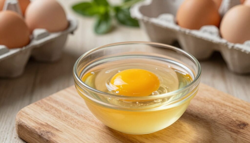 A close-up view of a cracked egg, showcasing the vibrant yellow yolk and transparent egg white against a rustic wooden countertop. In the foreground, a delicate glass bowl holds the egg, allowing for a clear view of the contents, emphasizing the texture and freshness. The middle ground features soft, natural lighting that casts gentle shadows, enhancing the details of the yolk and white. In the background, a blurred kitchen setting includes a few eggs in their cartons, herbs, and kitchen utensils, setting a domestic ambiance. The overall mood of the image conveys a sense of careful examination and freshness, ideal for illustrating the concept of checking egg quality after cracking. A close-up view of a cracked egg, showcasing the vibrant yellow yolk and transparent egg white against a rustic wooden countertop. In the foreground, a delicate glass bowl holds the egg, allowing for a clear view of the contents, emphasizing the texture and freshness. The middle ground features soft, natural lighting that casts gentle shadows, enhancing the details of the yolk and white. In the background, a blurred kitchen setting includes a few eggs in their cartons, herbs, and kitchen utensils, setting a domestic ambiance. The overall mood of the image conveys a sense of careful examination and freshness, ideal for illustrating the concept of checking egg quality after cracking.
