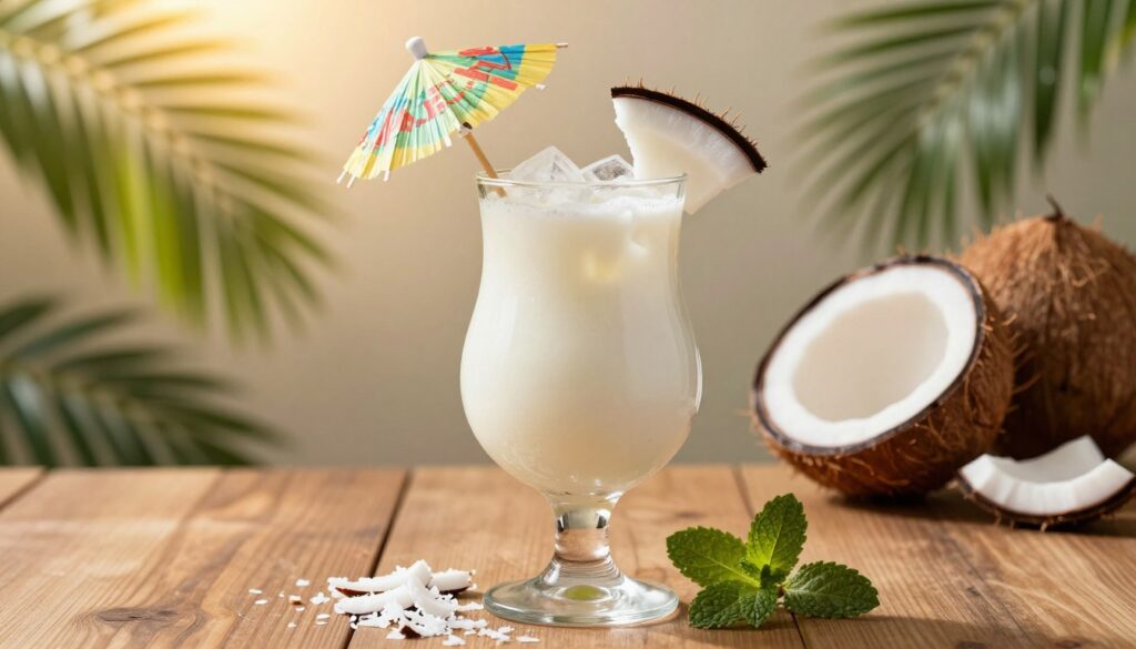 A close-up view of a creamy coconut cocktail made with Malibu rum and milk, presented in a stylish glass with ice cubes. The drink is garnished with a slice of fresh coconut and a small paper umbrella, exuding a tropical vibe. Surrounding the glass are coconut shavings and a few fresh mint leaves for a pop of color. The scene is set on a wooden table with a soft, blurred tropical backdrop featuring palm leaves and sunlight filtering through. The lighting is warm and inviting, creating a relaxed, festive atmosphere perfect for a home gathering. The camera angle is slightly tilted, focusing on the drink while capturing the essence of a casual yet sophisticated cocktail experience. A close-up view of a creamy coconut cocktail made with Malibu rum and milk, presented in a stylish glass with ice cubes. The drink is garnished with a slice of fresh coconut and a small paper umbrella, exuding a tropical vibe. Surrounding the glass are coconut shavings and a few fresh mint leaves for a pop of color. The scene is set on a wooden table with a soft, blurred tropical backdrop featuring palm leaves and sunlight filtering through. The lighting is warm and inviting, creating a relaxed, festive atmosphere perfect for a home gathering. The camera angle is slightly tilted, focusing on the drink while capturing the essence of a casual yet sophisticated cocktail experience.