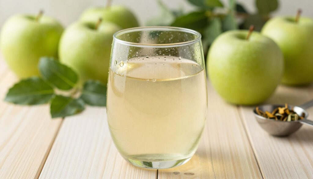 A close-up view of a glass of apple cider vinegar, placed elegantly on a light wooden table, with droplets of condensation on the glass to suggest freshness. In the background, a blurred array of green apples and leafy herbs are artistically arranged, creating a vibrant and healthy atmosphere. Soft, natural lighting streams in from the side, casting warm highlights on the scene, enhancing the inviting feel. The angle captures the roundness of the glass and the clarity of the liquid, while hints of wellness, like a measuring spoon and herbal tea, are subtly incorporated in the composition. The mood evokes clarity and health, emphasizing scientific proof and insightfulness related to weight loss benefits. A close-up view of a glass of apple cider vinegar, placed elegantly on a light wooden table, with droplets of condensation on the glass to suggest freshness. In the background, a blurred array of green apples and leafy herbs are artistically arranged, creating a vibrant and healthy atmosphere. Soft, natural lighting streams in from the side, casting warm highlights on the scene, enhancing the inviting feel. The angle captures the roundness of the glass and the clarity of the liquid, while hints of wellness, like a measuring spoon and herbal tea, are subtly incorporated in the composition. The mood evokes clarity and health, emphasizing scientific proof and insightfulness related to weight loss benefits.