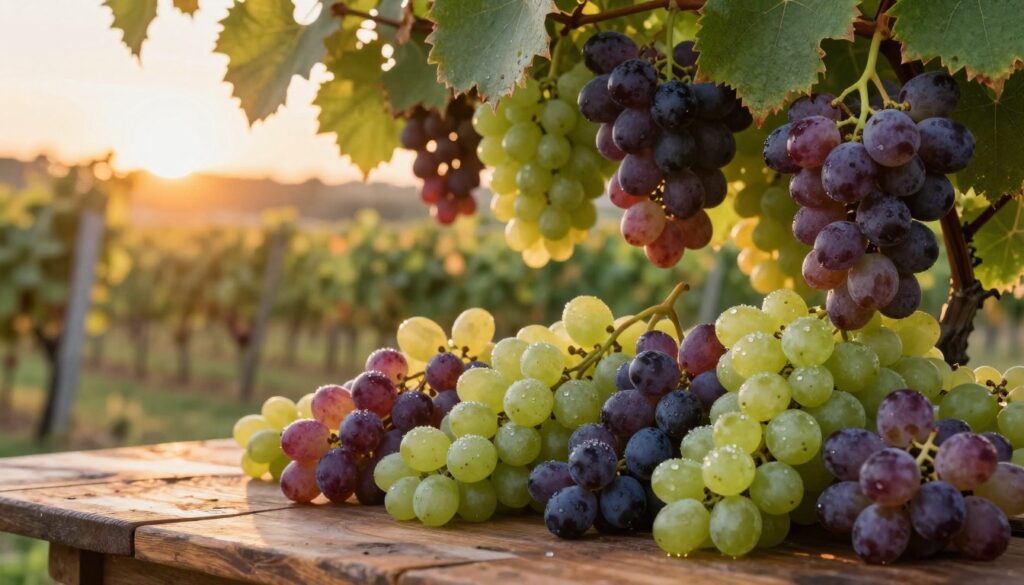 A close-up view of a lush, vibrant grapevine laden with clusters of ripe grapes, showcasing different varieties, including green, purple, and red grapes, symbolizing their health benefits. In the foreground, a medley of freshly harvested grapes is arranged artistically on a rustic wooden table, with a glimmer of morning dew. The background features a softly blurred vineyard landscape under a warm, golden sunset, creating an inviting atmosphere. The lighting is natural and warm, enhancing the colors of the grapes and the textures of the wood. The scene captures the essence of home brewing and the seasonal harvest, conveying a sense of abundance and wellness. A close-up view of a lush, vibrant grapevine laden with clusters of ripe grapes, showcasing different varieties, including green, purple, and red grapes, symbolizing their health benefits. In the foreground, a medley of freshly harvested grapes is arranged artistically on a rustic wooden table, with a glimmer of morning dew. The background features a softly blurred vineyard landscape under a warm, golden sunset, creating an inviting atmosphere. The lighting is natural and warm, enhancing the colors of the grapes and the textures of the wood. The scene captures the essence of home brewing and the seasonal harvest, conveying a sense of abundance and wellness.