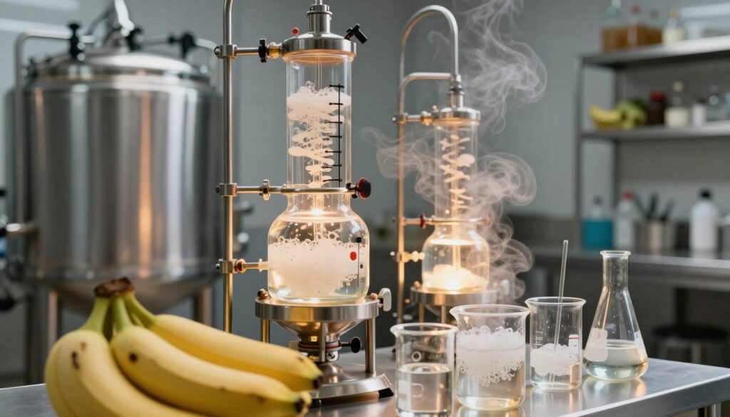 A close-up view of a modern distillation setup for banana-based spirits, showcasing stainless steel fermentation tanks and intricate piping. In the foreground, ripe bananas are displayed alongside laboratory glassware including beakers and flasks, filled with clear liquid and bubbling mixtures. The middle section features the distillation apparatus with steam rising, illuminated by warm, soft lighting that creates an inviting atmosphere. In the background, a blurred industrial kitchen hints at the production environment, with shelves filled with ingredients and tools. The image captures a sense of innovation and craftsmanship, revealing the technical aspects of banana spirit production in a clean, professional context. A close-up view of a modern distillation setup for banana-based spirits, showcasing stainless steel fermentation tanks and intricate piping. In the foreground, ripe bananas are displayed alongside laboratory glassware including beakers and flasks, filled with clear liquid and bubbling mixtures. The middle section features the distillation apparatus with steam rising, illuminated by warm, soft lighting that creates an inviting atmosphere. In the background, a blurred industrial kitchen hints at the production environment, with shelves filled with ingredients and tools. The image captures a sense of innovation and craftsmanship, revealing the technical aspects of banana spirit production in a clean, professional context.