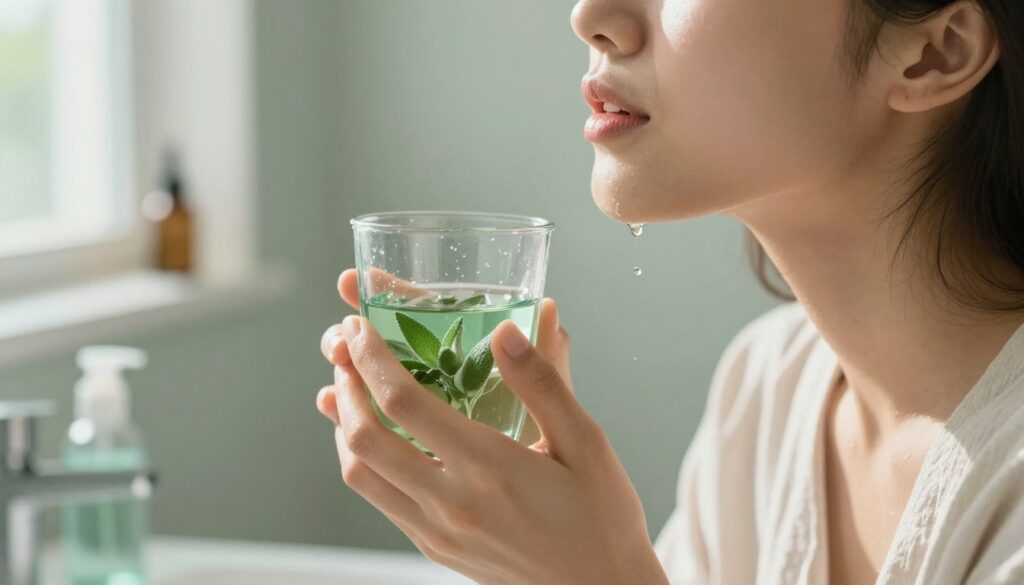 A close-up view of a person rinsing their mouth, showcasing the action of gargling with a herbal mouthwash infused with sage. The foreground features their hands holding a clear glass filled with a light green liquid, with droplets reflecting natural light. The person, dressed in modest casual clothing, tilts their head back slightly, displaying a focused expression. In the middle ground, a soft, blurred background illustrates a serene bathroom setting with calming colors, such as pale greens and whites, evoking a sense of cleanliness and health. Natural sunlight filters through a window, creating gentle highlights and enhancing the tranquil atmosphere, conveying the soothing effects of sage in oral care.
