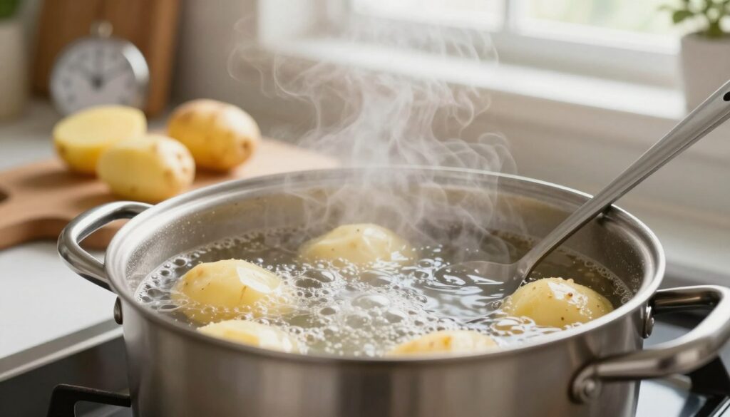 A close-up view of a pot of boiling potatoes on a stove, with a spoon resting on the edge. The foreground features the textured surface of the pot, showcasing steam rising and bubbles forming in the water, emphasizing the cooking process. In the middle ground, a few peeled potatoes are scattered on a wooden cutting board, next to a kitchen timer displaying time elapsed. In the background, a bright kitchen with soft, natural lighting filters through a window, creating a warm and inviting atmosphere. The scene captures a moment of culinary anticipation, evoking a sense of home cooking. Use a shallow depth of field to focus on the pot, while softly blurring the background to enhance the intimate setting. A close-up view of a pot of boiling potatoes on a stove, with a spoon resting on the edge. The foreground features the textured surface of the pot, showcasing steam rising and bubbles forming in the water, emphasizing the cooking process. In the middle ground, a few peeled potatoes are scattered on a wooden cutting board, next to a kitchen timer displaying time elapsed. In the background, a bright kitchen with soft, natural lighting filters through a window, creating a warm and inviting atmosphere. The scene captures a moment of culinary anticipation, evoking a sense of home cooking. Use a shallow depth of field to focus on the pot, while softly blurring the background to enhance the intimate setting.