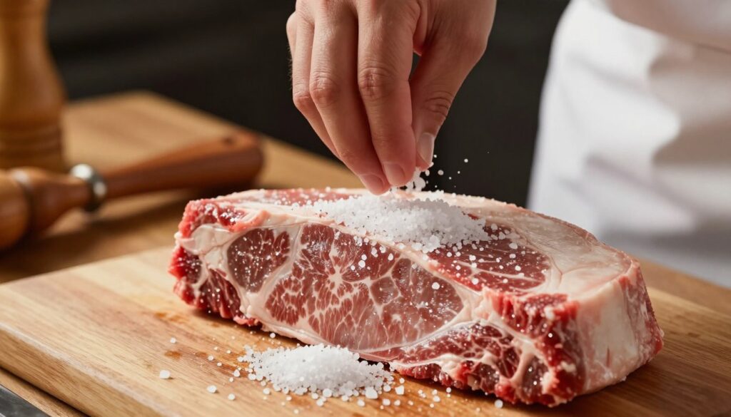 A close-up view of a raw cut of meat being transformed by coarse, glistening meat tenderizing salt crystals scattered across its surface. In the foreground, the texture of the salt contrasts beautifully against the rich marbling of the meat. In the middle ground, a chef’s hand gently rubbing the salt into the meat, showcasing a delicate balance of care and culinary expertise. In the background, a softly lit kitchen environment with wooden countertops and rustic utensils, creating a warm and inviting atmosphere. The lighting should be warm and inviting, casting soft shadows to enhance the details of the meat and salt. The overall mood is one of culinary craftsmanship and the benefits of using meat tenderizing salt in cooking. A close-up view of a raw cut of meat being transformed by coarse, glistening meat tenderizing salt crystals scattered across its surface. In the foreground, the texture of the salt contrasts beautifully against the rich marbling of the meat. In the middle ground, a chef’s hand gently rubbing the salt into the meat, showcasing a delicate balance of care and culinary expertise. In the background, a softly lit kitchen environment with wooden countertops and rustic utensils, creating a warm and inviting atmosphere. The lighting should be warm and inviting, casting soft shadows to enhance the details of the meat and salt. The overall mood is one of culinary craftsmanship and the benefits of using meat tenderizing salt in cooking.