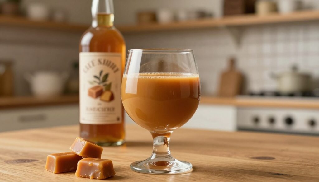 A close-up view of a rich, creamy caramel liqueur in an elegant glass, sitting on a wooden table. The glass is filled with a smooth, golden-brown liquid that glistens under soft, warm lighting, highlighting the liqueur's texture. In the foreground, place a few delicate caramel candies artfully arranged alongside the glass. The middle ground features a rustic bottle of the liqueur, its label hinting at the artisan craftsmanship. In the background, there's a softly blurred setting of a cozy kitchen, with wooden shelves and warm tones that complement the liqueur’s inviting colors. The atmosphere is warm and inviting, evoking a sense of indulgence and comfort, perfect for enjoying a sweet drink. Use a shallow depth of field to focus on the glass while gently blurring the background. A close-up view of a rich, creamy caramel liqueur in an elegant glass, sitting on a wooden table. The glass is filled with a smooth, golden-brown liquid that glistens under soft, warm lighting, highlighting the liqueur's texture. In the foreground, place a few delicate caramel candies artfully arranged alongside the glass. The middle ground features a rustic bottle of the liqueur, its label hinting at the artisan craftsmanship. In the background, there's a softly blurred setting of a cozy kitchen, with wooden shelves and warm tones that complement the liqueur’s inviting colors. The atmosphere is warm and inviting, evoking a sense of indulgence and comfort, perfect for enjoying a sweet drink. Use a shallow depth of field to focus on the glass while gently blurring the background.