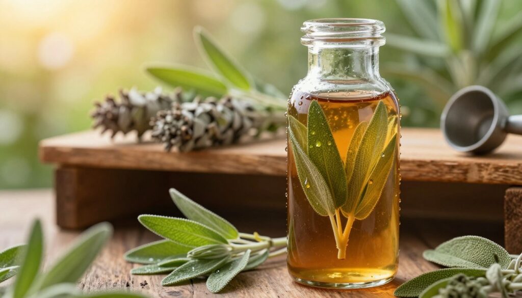 A close-up view of a rustic glass bottle of sage leaf tincture, filled with a rich amber liquid, showcasing the vibrant green sage leaves submerged inside. The foreground features delicate herbs, with droplets of condensation on the glass. In the middle, rustic wooden shelves display dried sage bundles and a small pouring cup. The background is softly blurred, hinting at an herb garden bathed in warm, golden sunlight, creating an inviting and herbal atmosphere. The scene captures the essence of an aromatic, herbal remedy, evoking a sense of natural tranquility and wellness. The lighting is soft and natural, emphasizing the warmth of the tincture and the lushness of the sage leaves, while being shot at a slight angle to enhance depth.