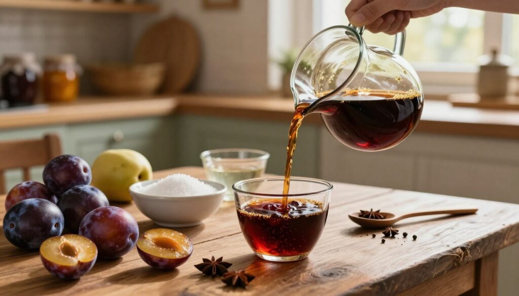 A close-up view of a rustic wooden table in a cozy kitchen setting, featuring an array of colorful fruits, particularly ripe plums and spices ready to be transformed into a syrup. In the foreground, an elegant glass container is being poured with a rich, dark liquid, symbolizing the syrup creation process. The middle ground reveals smaller bowls filled with sugar, water, and secret spices, with a wooden spoon resting beside them. The background shows blurred shelves lined with jars of homemade preserves and warm sunlight streaming through a window, casting a soft glow over the scene. The overall atmosphere is inviting and nostalgic, evoking the essence of traditional crafting methods. A close-up view of a rustic wooden table in a cozy kitchen setting, featuring an array of colorful fruits, particularly ripe plums and spices ready to be transformed into a syrup. In the foreground, an elegant glass container is being poured with a rich, dark liquid, symbolizing the syrup creation process. The middle ground reveals smaller bowls filled with sugar, water, and secret spices, with a wooden spoon resting beside them. The background shows blurred shelves lined with jars of homemade preserves and warm sunlight streaming through a window, casting a soft glow over the scene. The overall atmosphere is inviting and nostalgic, evoking the essence of traditional crafting methods.