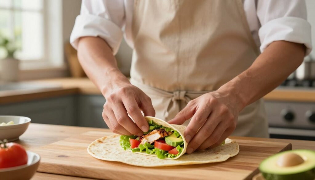 A close-up view of a skilled cook preparing a tortilla wrap on a wooden kitchen counter. The cook is wearing a neat, modest apron, focusing intently on the task at hand. The focus is on their hands as they expertly fill the tortilla with vibrant, fresh ingredients like lettuce, diced tomatoes, grilled chicken, and avocado. The kitchen background is slightly blurred, showcasing warm tones and inviting decor, with soft natural lighting filtering in from a nearby window, creating a cozy atmosphere. The overall mood is cheerful and inviting, emphasizing the simplicity and satisfaction of wrapping a tortilla without it falling apart. A close-up view of a skilled cook preparing a tortilla wrap on a wooden kitchen counter. The cook is wearing a neat, modest apron, focusing intently on the task at hand. The focus is on their hands as they expertly fill the tortilla with vibrant, fresh ingredients like lettuce, diced tomatoes, grilled chicken, and avocado. The kitchen background is slightly blurred, showcasing warm tones and inviting decor, with soft natural lighting filtering in from a nearby window, creating a cozy atmosphere. The overall mood is cheerful and inviting, emphasizing the simplicity and satisfaction of wrapping a tortilla without it falling apart.