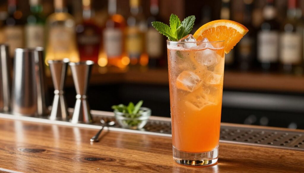 A close-up view of a sleek, elegant bar setup featuring a highball glass filled with a vibrant, orange Aperol cocktail, garnished with a slice of orange and a sprig of fresh mint. The foreground showcases ice cubes glimmering in the drink, reflecting light. The middle ground includes a polished wooden bar surface with a jigger, a stirring spoon, and a small bowl of fresh garnishes. In the background, softly blurred bottles of spirits and mixers are illuminated by warm, ambient lighting, creating a welcoming bar atmosphere. The image captures the essence of Italian aperitivo culture, inviting and sophisticated, with a focus on detail and clarity in a shallow depth of field. A close-up view of a sleek, elegant bar setup featuring a highball glass filled with a vibrant, orange Aperol cocktail, garnished with a slice of orange and a sprig of fresh mint. The foreground showcases ice cubes glimmering in the drink, reflecting light. The middle ground includes a polished wooden bar surface with a jigger, a stirring spoon, and a small bowl of fresh garnishes. In the background, softly blurred bottles of spirits and mixers are illuminated by warm, ambient lighting, creating a welcoming bar atmosphere. The image captures the essence of Italian aperitivo culture, inviting and sophisticated, with a focus on detail and clarity in a shallow depth of field.