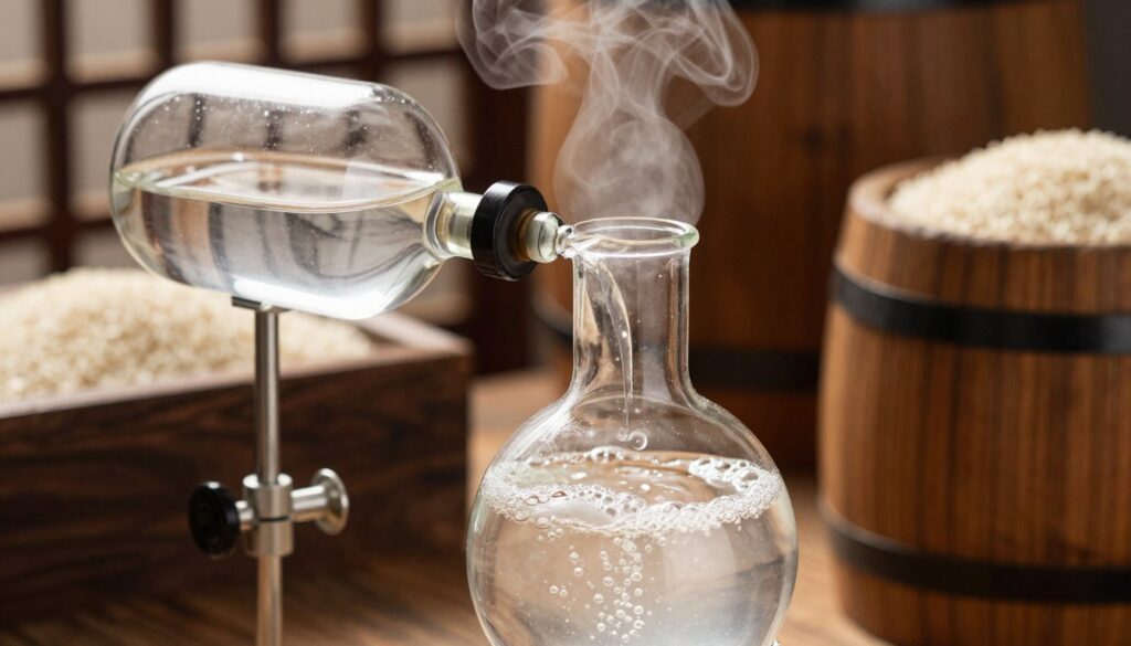 A close-up view of a traditional distillation setup used for purifying rice liquor, highlighting glass apparatus featuring clear liquids reflecting light. In the foreground, a distillation flask filled with freshly distilled liquid, bubbles gently forming at the surface. The middle ground showcases a condenser, with steam elegantly rising and a backdrop of rice grains and wooden barrels. Warm, ambient lighting creates a cozy atmosphere, enhancing the clarity of the glass and the textures of the materials. The overall mood reflects craftsmanship and attention to detail in the alcohol purification process. The background is softly blurred to emphasize the distillation equipment, while the composition maintains a professional and clean aesthetic. A close-up view of a traditional distillation setup used for purifying rice liquor, highlighting glass apparatus featuring clear liquids reflecting light. In the foreground, a distillation flask filled with freshly distilled liquid, bubbles gently forming at the surface. The middle ground showcases a condenser, with steam elegantly rising and a backdrop of rice grains and wooden barrels. Warm, ambient lighting creates a cozy atmosphere, enhancing the clarity of the glass and the textures of the materials. The overall mood reflects craftsmanship and attention to detail in the alcohol purification process. The background is softly blurred to emphasize the distillation equipment, while the composition maintains a professional and clean aesthetic.