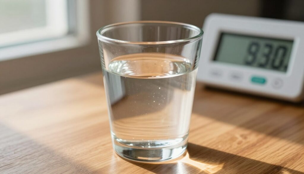 A close-up view of a transparent glass containing a clear, freshly diluted alcohol beverage, set on a wooden table. The glass is neatly filled with liquid showcasing the precise proportions of alcohol and water, reflecting the sunlight that streams in from a window, creating glints and highlights on the surface. In the background, a digital thermometer is visible, displaying the temperature in a clear font, emphasizing the significance of temperature in measurement accuracy. Soft natural light casts gentle shadows, creating a warm and inviting atmosphere. The composition focuses on the clarity of the liquid and the detailed measurement tools, conveying precision and safety in home distillation practices. The overall mood is informative and professional, suitable for an educational context. A close-up view of a transparent glass containing a clear, freshly diluted alcohol beverage, set on a wooden table. The glass is neatly filled with liquid showcasing the precise proportions of alcohol and water, reflecting the sunlight that streams in from a window, creating glints and highlights on the surface. In the background, a digital thermometer is visible, displaying the temperature in a clear font, emphasizing the significance of temperature in measurement accuracy. Soft natural light casts gentle shadows, creating a warm and inviting atmosphere. The composition focuses on the clarity of the liquid and the detailed measurement tools, conveying precision and safety in home distillation practices. The overall mood is informative and professional, suitable for an educational context.