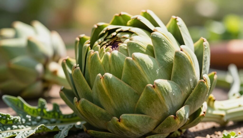 A close-up view of a vibrant artichoke, showcasing its fleshy, edible flower buds. The foreground features a beautifully detailed artichoke with its green layered bracts glistening in the sunlight, emphasizing its texture. In the middle ground, soft-focus elements include fresh green leaves and a hint of blurred vegetables, enhancing the scene's richness. The background features a warm-toned, serene garden setting with dappled sunlight filtering through, creating a natural and inviting atmosphere. The lighting is bright but soft, capturing the freshness of the vegetable. The composition is from a slightly elevated angle, emphasizing the artichoke's intricate shape and colors, evoking a sense of freshness and culinary delight. A close-up view of a vibrant artichoke, showcasing its fleshy, edible flower buds. The foreground features a beautifully detailed artichoke with its green layered bracts glistening in the sunlight, emphasizing its texture. In the middle ground, soft-focus elements include fresh green leaves and a hint of blurred vegetables, enhancing the scene's richness. The background features a warm-toned, serene garden setting with dappled sunlight filtering through, creating a natural and inviting atmosphere. The lighting is bright but soft, capturing the freshness of the vegetable. The composition is from a slightly elevated angle, emphasizing the artichoke's intricate shape and colors, evoking a sense of freshness and culinary delight.