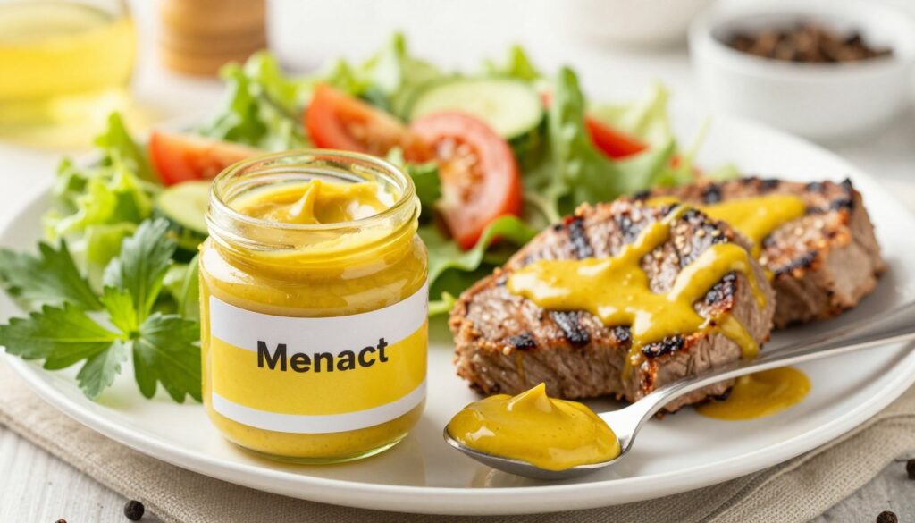 A close-up view of a vibrant plate featuring various dishes that incorporate mustard, surrounded by fresh herbs and spices to emphasize its digestive benefits. In the foreground, a jar of mustard with a shining label is placed next to a spoon drizzled with the condiment, creating an inviting focal point. The middle ground showcases a colorful salad and grilled meats garnished with mustard-based sauces, hinting at their influence on metabolism. The background is softly blurred with light, airy kitchen elements, creating a warm and inviting atmosphere. The lighting is bright and natural, suggesting a health-conscious vibe, captured with a shallow depth of field to draw attention to the mustard and its culinary context. A close-up view of a vibrant plate featuring various dishes that incorporate mustard, surrounded by fresh herbs and spices to emphasize its digestive benefits. In the foreground, a jar of mustard with a shining label is placed next to a spoon drizzled with the condiment, creating an inviting focal point. The middle ground showcases a colorful salad and grilled meats garnished with mustard-based sauces, hinting at their influence on metabolism. The background is softly blurred with light, airy kitchen elements, creating a warm and inviting atmosphere. The lighting is bright and natural, suggesting a health-conscious vibe, captured with a shallow depth of field to draw attention to the mustard and its culinary context.