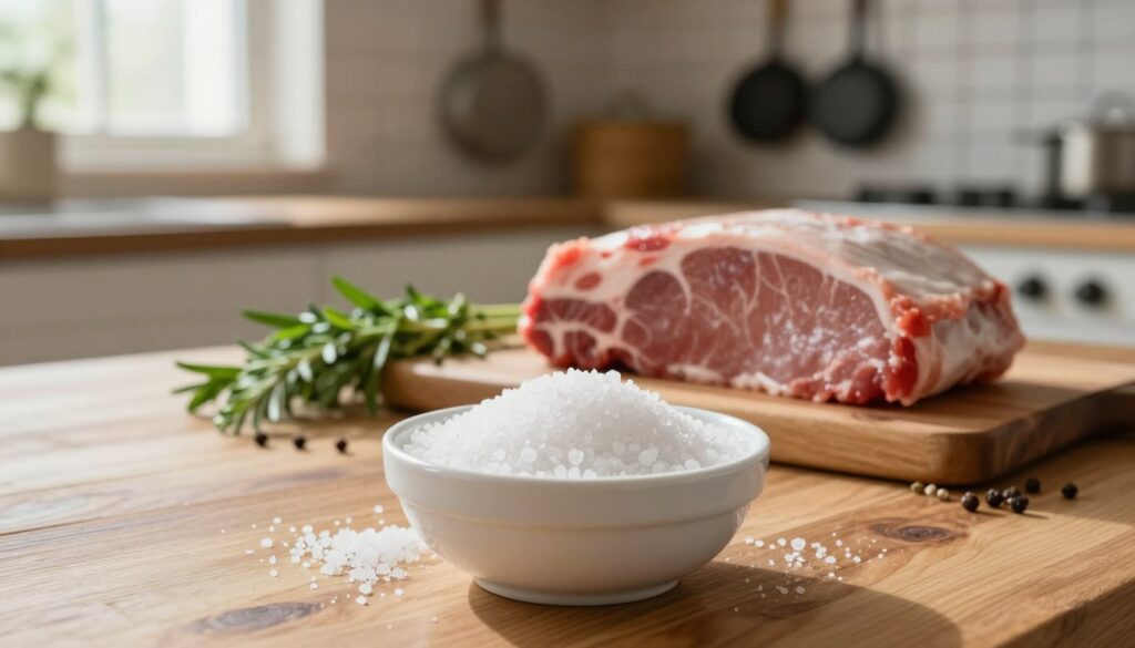 A close-up view of a wooden kitchen table with a bowl of coarse, white meat tenderizer salt in the foreground, accentuating its granulated texture. In the middle ground, a beautifully marbled piece of meat is displayed alongside fresh herbs and spices, hinting at culinary creativity. Soft, natural light filters in from a window, casting gentle shadows and highlighting the ingredients' colors. In the background, a rustic kitchen setting with hanging pots and pans adds warmth and authenticity to the scene, evoking a cozy, home-cooked atmosphere. The mood is inviting and appetizing, aiming to inspire readers to enhance their cooking techniques. A close-up view of a wooden kitchen table with a bowl of coarse, white meat tenderizer salt in the foreground, accentuating its granulated texture. In the middle ground, a beautifully marbled piece of meat is displayed alongside fresh herbs and spices, hinting at culinary creativity. Soft, natural light filters in from a window, casting gentle shadows and highlighting the ingredients' colors. In the background, a rustic kitchen setting with hanging pots and pans adds warmth and authenticity to the scene, evoking a cozy, home-cooked atmosphere. The mood is inviting and appetizing, aiming to inspire readers to enhance their cooking techniques.