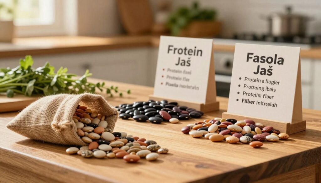 A close-up view of a wooden table adorned with a beautifully arranged spread of "Fasola Jaś" beans, showcasing their unique colors and textures. In the foreground, a small burlap sack is partially open, spilling a handful of the beans, emphasizing their natural beauty. In the middle ground, there are placards featuring nutritional information about protein and fiber content, artistically displayed next to the beans. The background is softly blurred, featuring a warm kitchen atmosphere with fresh herbs and ingredients, creating a cozy cooking environment. The lighting is warm and inviting, resembling golden hour sunlight filtering through a window, casting soft shadows. The overall mood is educational yet appetizing, inviting viewers to explore the nutritional values and culinary applications of "Fasola Jaś" beans. A close-up view of a wooden table adorned with a beautifully arranged spread of "Fasola Jaś" beans, showcasing their unique colors and textures. In the foreground, a small burlap sack is partially open, spilling a handful of the beans, emphasizing their natural beauty. In the middle ground, there are placards featuring nutritional information about protein and fiber content, artistically displayed next to the beans. The background is softly blurred, featuring a warm kitchen atmosphere with fresh herbs and ingredients, creating a cozy cooking environment. The lighting is warm and inviting, resembling golden hour sunlight filtering through a window, casting soft shadows. The overall mood is educational yet appetizing, inviting viewers to explore the nutritional values and culinary applications of "Fasola Jaś" beans.