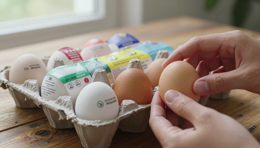 A close-up view of an egg carton on a rustic wooden table, emphasizing the various labels and codes printed on the packaging. The foreground features a hand gently holding an egg, ensuring a focus on the freshness test indicators. In the middle, the colorful labels display important information such as expiry dates and quality symbols, with clear, legible text contrasting against the natural textures of the carton. The background is softly blurred, showcasing a soft natural light coming through a nearby window, creating a warm, inviting atmosphere. The mood is informative and welcoming, ideal for an educational article about checking egg freshness. Shot with a 50mm lens to capture detailed textures and clarity, ensuring all visual information is highlighted. A close-up view of an egg carton on a rustic wooden table, emphasizing the various labels and codes printed on the packaging. The foreground features a hand gently holding an egg, ensuring a focus on the freshness test indicators. In the middle, the colorful labels display important information such as expiry dates and quality symbols, with clear, legible text contrasting against the natural textures of the carton. The background is softly blurred, showcasing a soft natural light coming through a nearby window, creating a warm, inviting atmosphere. The mood is informative and welcoming, ideal for an educational article about checking egg freshness. Shot with a 50mm lens to capture detailed textures and clarity, ensuring all visual information is highlighted.