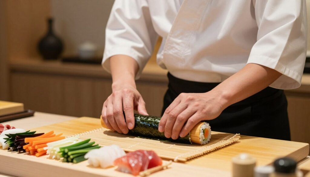 A close-up view of an expert sushi chef skillfully rolling sushi with precision, showcasing the technique of wrapping and forming sushi rolls. The foreground features vibrant ingredients like colorful vegetables and fresh fish laid out on a bamboo mat, with a rolling sushi mat prominently displayed. In the middle, the chef, dressed in a crisp white coat and a black apron, uses both hands to expertly fold the ingredients into a roll, demonstrating the art of sushi-making. The background is softly blurred to highlight a minimalist kitchen setting with subtle Japanese decor, enhancing the focus on the rolling technique. The lighting is warm and inviting, casting gentle shadows that emphasize texture and detail, creating a calm and professional atmosphere. A close-up view of an expert sushi chef skillfully rolling sushi with precision, showcasing the technique of wrapping and forming sushi rolls. The foreground features vibrant ingredients like colorful vegetables and fresh fish laid out on a bamboo mat, with a rolling sushi mat prominently displayed. In the middle, the chef, dressed in a crisp white coat and a black apron, uses both hands to expertly fold the ingredients into a roll, demonstrating the art of sushi-making. The background is softly blurred to highlight a minimalist kitchen setting with subtle Japanese decor, enhancing the focus on the rolling technique. The lighting is warm and inviting, casting gentle shadows that emphasize texture and detail, creating a calm and professional atmosphere.